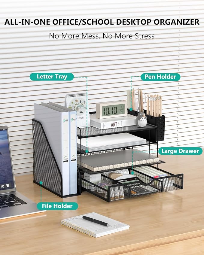 WALI Desk File Organizer, 4 Tier Desktop Paper Letter Tray Organizer with Drawer and 2 Pen Holders, Office Desk Accessories & Workspace Organizers for Office, Home Supplies(DO005DH-2B), 2 Packs, Black - Image 2