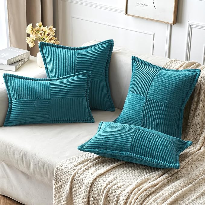 MIULEE Decorative Throw Pillow Covers for Couch Bed Livingroom 18x18 Inch Set of 2 Teal Blue Boho Accent Throw Pllows Broadside Striped Patchwork Soft Corduroy Summer Coastal Pillowcases - Image 4