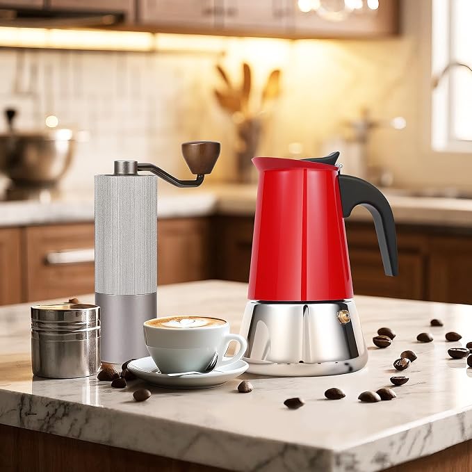 4 Cup Stainless Steel Moka Pot, 200ml Stovetop Espresso Maker, Red | 304 Stainless Steel Mocha Pot, Induction Compatible, Greca de Cafe, Cuban and Italian Coffee Maker - Image 8