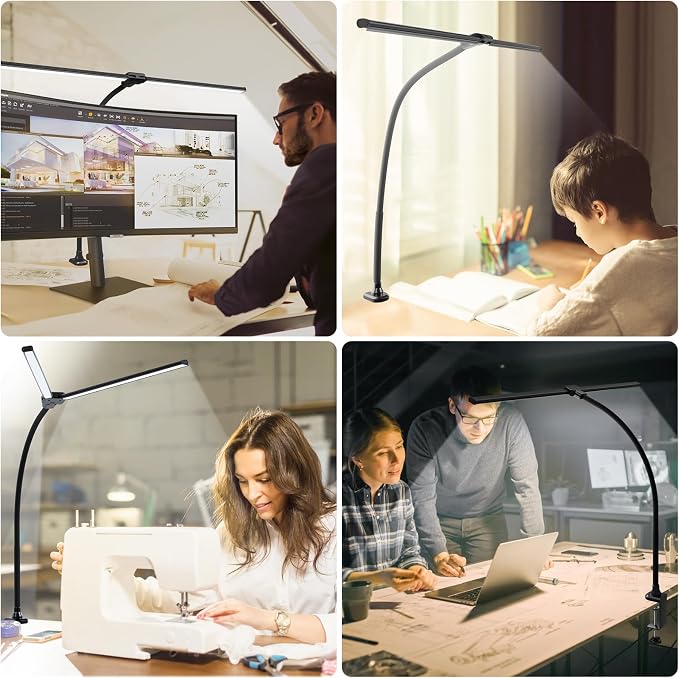 ShineTech LED Desk Lamp for Home Office, 3000K Warm White Double Head Architect Task Lamps with Clamp, Dimmable Adjustable Flexible, Black - Image 3