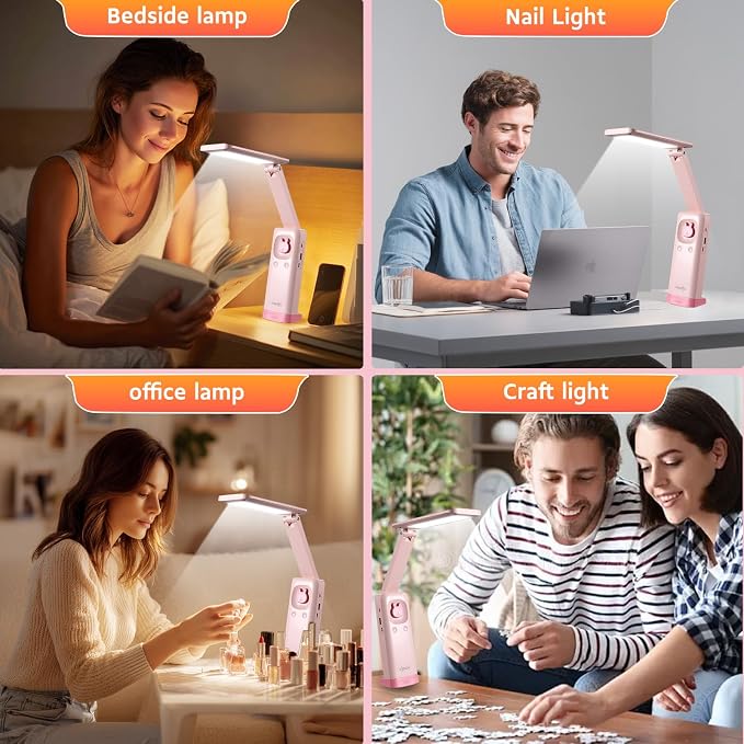 VAVOFO Cute Bunny Desk Lamp, Foldable LED Rechargeable Table Light, Eye-Caring Reading Lamp, 3 Color Modes & Dimmable, for Kids Girls Bedroom Study Dorm Room(Pink) - Image 5