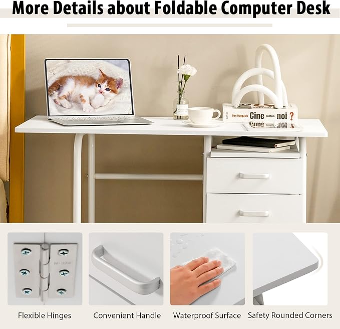 Folding Computer Desk with 6 Wheels, 41.5" Modern Steel Collapsible Home Office Desk with 3 Storage Drawers, Portable Writing Laptop Desk for Bedroom, Study, Small Space, Home Office, White - Image 7