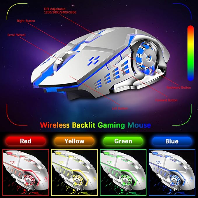 Wireless Gaming Keyboard and Mouse,RGB Backlit Rechargeable Keyboard Mouse with 5000mAh Battery Metal Panel,Removable Hand Rest Mechanical Feel Keyboard and 7 Color Gaming Mute Mouse for PC Gamers - Image 5