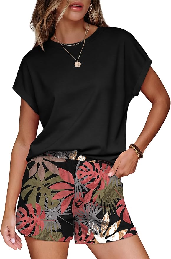 WIHOLL Two Piece Sets for Women Summer Lounge Short Sets Cap Sleeve Crew Neck Sweatsuit with Pocket XS-2XL - Image 2
