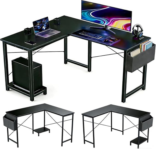 L Shaped Desk, 50 Inch Reversible Computer Desk Corner Gaming Table with CPU Stand & Storage Bag, Sturdy Metal Frame PC Workstation for Home Office, Black Wood | Storage Bag, Black Corner Gaming Table, Sturdy Metal Frame, PC Workstation for Home Office by SageNest