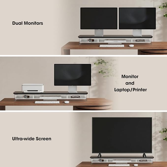 Fenge 42.5" Dual Monitor Stand with Clear Acrylic Legs, Black | Clear acrylic, storage compartment, 2-tier home office monitor riser, wide large desktop shelf fit monitor/laptop/printer - Image 5