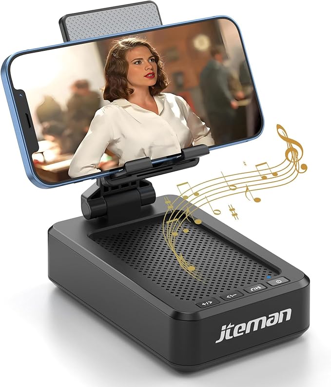 JTEMAN Cell Phone Stand with Bluetooth Speaker, HD Stereo Sound & Anti-Slip Base, Foldable Adjustable Desktop Phone Holder for Home Office, Cool Tech Gadgets Birthday Gifts for Men Women (Black) by jteman