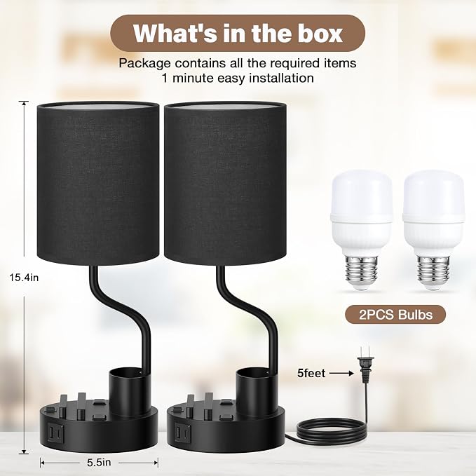 Fenmzee Bedside Lamps for Bedroom Set of 2 - Table Desk Lamp for Nightstand | 15" Table Lamp for Living Room with Pen Holder & Phone Stand, USB A+C Port, AC Outlet, 3 Color Temperature, LED Bulb Included - Image 5