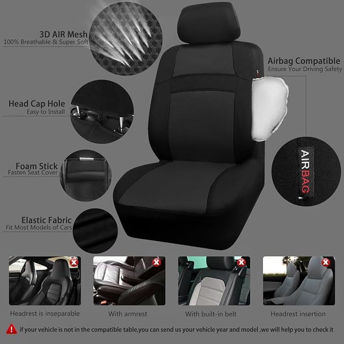 CAR PASS 3D Air Mesh Car Seat Covers Full Sets w/5mm Sponge, 4Pcs Waterproof Car Floor Mats, Steering Wheel Cover Universal Fit for SUV Sedan Truck, Airbag Compatible Automotive Interior(Black) - Image 2