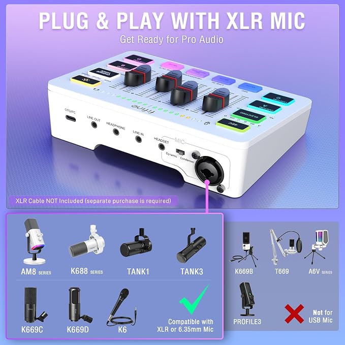 FIFINE Audio Mixer, Gaming Streaming PC Mixer with Slider Fader, XLR Microphone Interface, Monitoring, for Video/Game Voice/Podcast Recording-AmpliGame SC3W | USB PnP For PC,Mute Button,XLR Preamp,RGB,Voice change,48V Phantom Power,Monitoring,Podcast,R... - Image 7