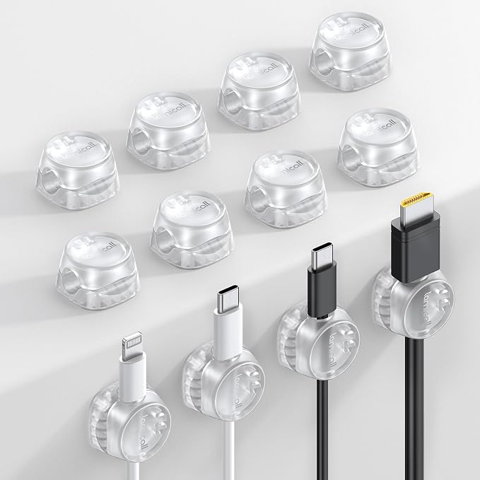 Lamicall 12 Pack Cord Organizer, [1s Lock] Spring Cable Holder Clips | Smooth Adjustable, Adhesive Phone Charger Cable Management Wire Keeper for Nightstand Desk Wall Car Office Home, Clear by Lamicall