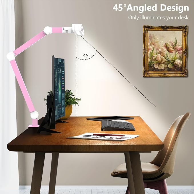 Micomlan Architect Desk Lamp for Home Office, Pink Desk Lamp with Clamp for Working, 24W Bright Rotatable Led Table Light Stepless Dimming Tempering Wide Computer Light for Crafting Puzzle Hobby - Image 5