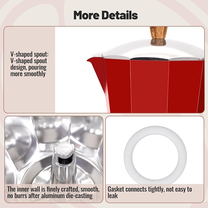 12 Cup Aluminum Moka Pot Classic Stovetop Espresso Coffee Maker 600ml 20oz Coffeemaker Percolator Mocha Pot Greca Coffee Maker Cafe Makers for Italian and Cuban Café Brewing Red - Image 6