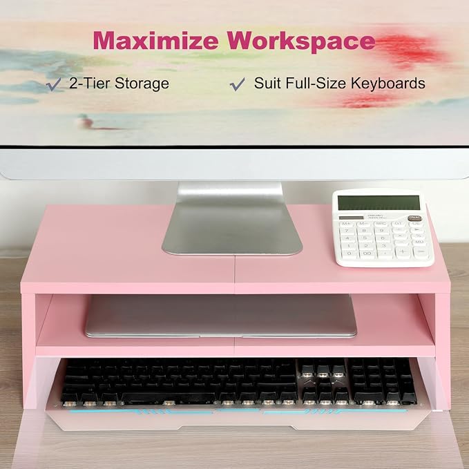 TEAMIX 2 Tiers Pink Monitor Stand Riser, Desktop Stand with Keyboard Storage Small TV Stand Laptop Wooden Desk Organizer Cute Shelf - Image 2