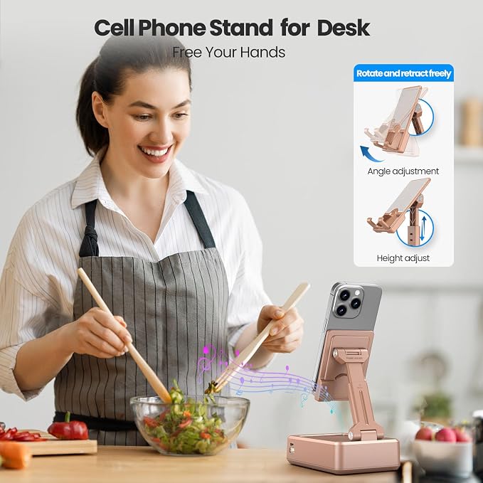 JTEMAN Cell Phone Stand with Bluetooth Speaker and Charging Function, HD Sound Adjustable Phone Holder, Birthday Gifts for Men Women, Cool Tech Kitchen Gadgets for All Phones,Tablet (Rose Gold) - Image 4