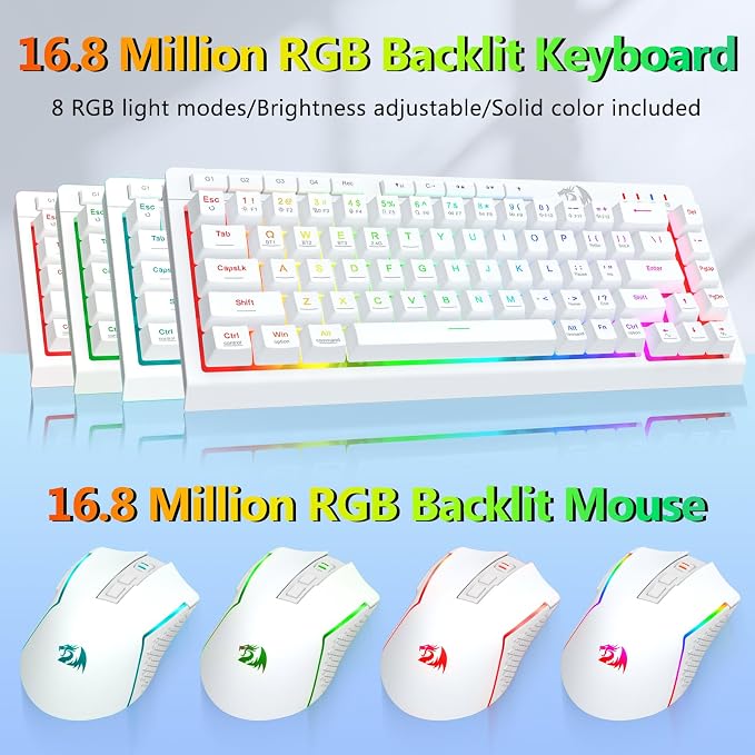 Redragon Wireless Gaming Keyboard and Mouse Combo, 60% Portable, White | Bluetooth/2.4G/USB-C Wired, RGB Backlit, Quiet Rechargeable Macro Membrane Keyboard & 12800 DPI Mouse for Win/MAC - Image 5