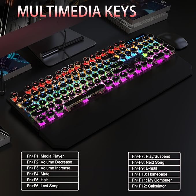 Camiysn Typewriter Style Mechanical Gaming Keyboard, Black Retro Punk Gaming Keyboard with RGB Backlit, 104 Keys Blue Switch Wired Cute Keyboards, Round Keycaps for Windows/Mac/PC - Image 5