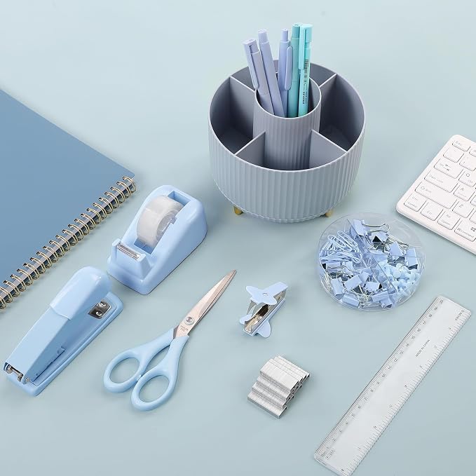 SKYDUE Desk Organizers and Accessories 10Pcs, 360-Degree Rotating Pen Holder, Stapler, Staple Remover, Tape Dispenser,2pcs Tape Refills, Binder Paper Clips Kit, Scissor (Blue) - Image 2