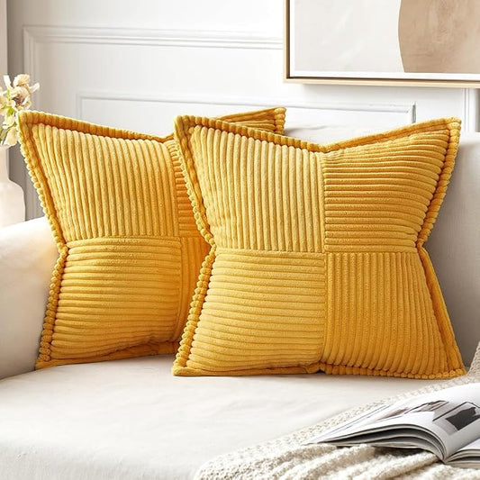 MIULEE Golden Yellow Corduroy Pillow Covers 20x20 Inch with Splicing Set of 2 Soft Boho Striped Pillow Covers Broadside Decorative Textured Summer Pillowcases for Couch Cushion Bed Livingroom by MIULEE