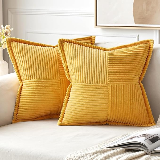 MIULEE Golden Yellow Corduroy Pillow Covers 18x18 Inch with Splicing Set of 2 Soft Boho Striped Pillow Covers Broadside Decorative Textured Summer Pillowcases for Couch Cushion Bed Livingroom by MIULEE