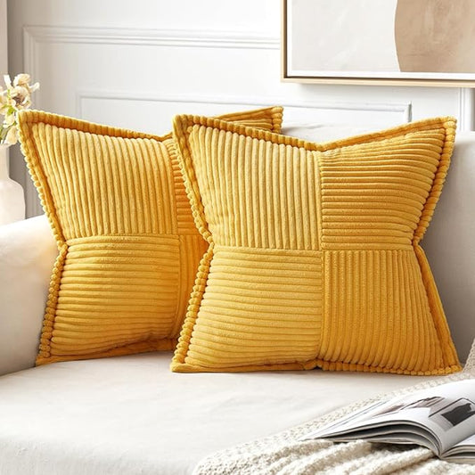 MIULEE Golden Yellow Corduroy Pillow Covers 18x18 Inch with Splicing Set of 2 Soft Boho Striped Pillow Covers Broadside Decorative Textured Summer Pillowcases for Couch Cushion Bed Livingroom by MIULEE