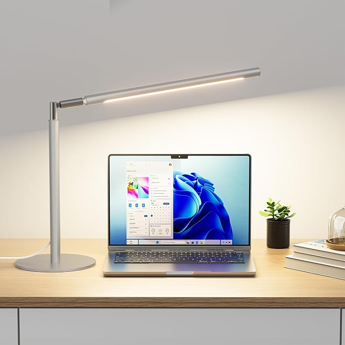 SIBRILLE Silver LED Desk Lamp, 16" Dimmable Metal Desk Light with Base, 15W 1200LM, Adapter Included, Color & Brightness Adjustable, Modern Tall Table Lamp for Home Office Reading Study Task Laptop by SIBRILLE