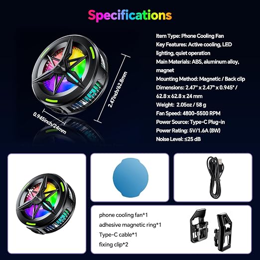 2-in-1 Magnetic & Clip-On USB Phone Cooler for Gaming, Semiconductor Cell Phone Cooling Fan Radiator for iPhone/Android/iPad/Tablet – Ideal for Gaming, Video Calls, Live Broadcasting, and Vlog - Image 7