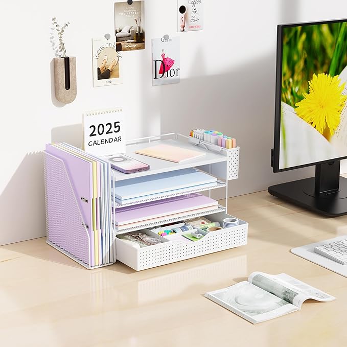 gianotter Wood Desk Organizers and Accessories with File Holder, 4-Tier Desk Accessories & Workspace Organizers with Drawer and Pen Holder, Desk Reference Organizer (White, 4T with Drawer) - Image 3