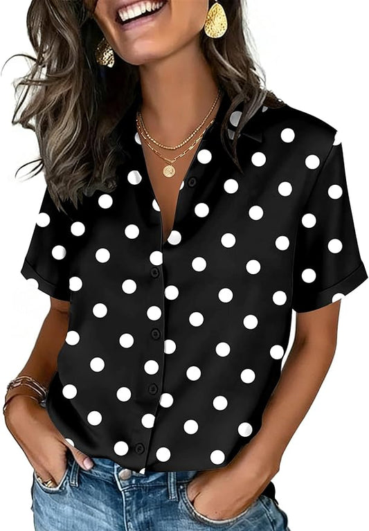 Zeagoo Button Down Shirts for Women Short Sleeve Collared Tops Dressy Casual V Neck Blouses by Zeagoo