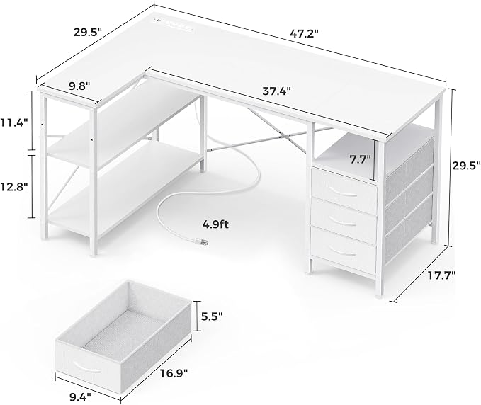Huuger L Shaped Office Desk with Power Outlets, 47 Inch Computer Desk with 3 Drawers, Shelves, for Gaming, Corner Work, Home Office, Study, White - Image 3