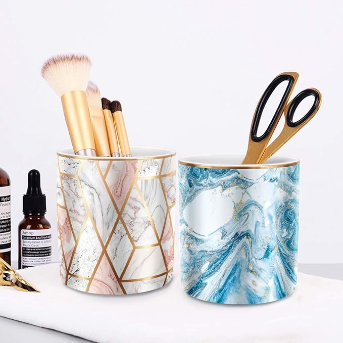 Pen Pencil Holder for Desk, Marble Desk Decor Organizer, Durable Ceramic Pencil Cup Holder Marble Design Makeup Cups for Brushes for Office, Classroom, Blue - Image 6