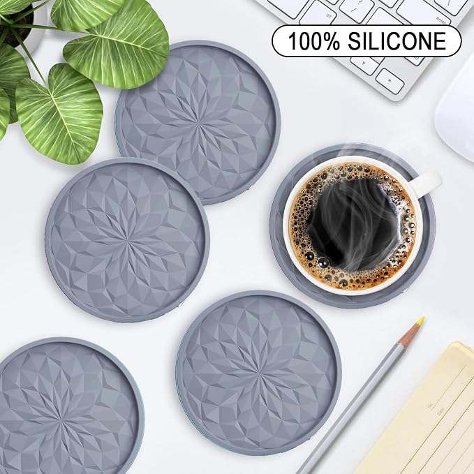 ME.FAN Silicone Coasters with Holder,[6 Pack] Drinking Coasters - Cup Mat for Hot or Cold Drinks, Thickened, Non-Slip, Non-stick,Deep Tray Light Grey - Image 2