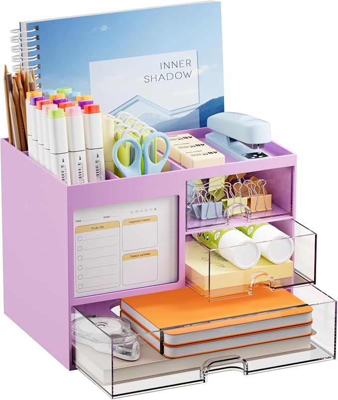 Marbrasse Desk Organizer with 3 Drawer, Multi-Functional Pencil Pen Holder, Desk Organizers and Accessories with 4 Compartments,Desktop Organizer Storage for Office Home Art Supplies (Purple) by Marbrasse