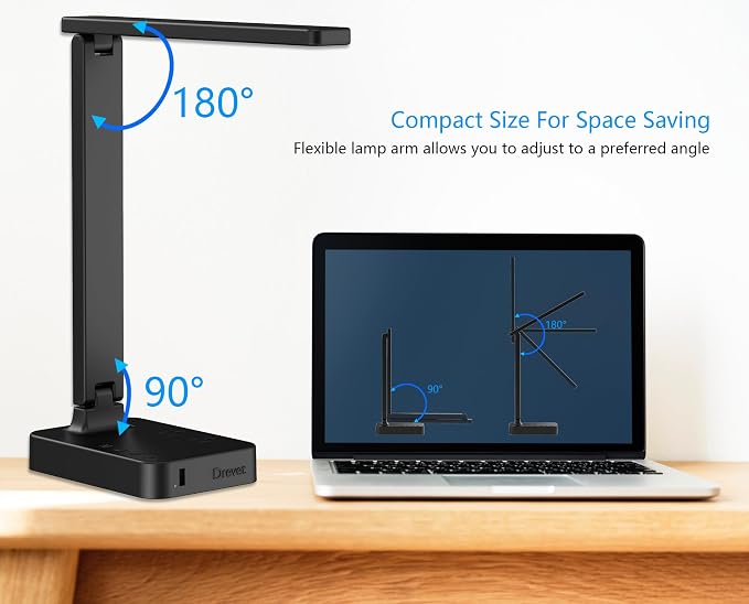 Drevet LED Desk Lamp for College Dorm Room, Desk Light with 1 USB Charging Port 2 AC Power Outlet, 3 Lighting Modes, 3 Level Brightness Touch Lamp, Eye-Caring Home Office Foldable Table Lamp - Image 6