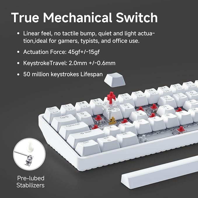 TMKB 60% Mechanical Gaming Keyboard, Red Linear Switch, Wired, White | LED Backlight, Anti-Ghosting, Detachable USB-C, Double-Shot Keycaps, 61 Keys - Image 3