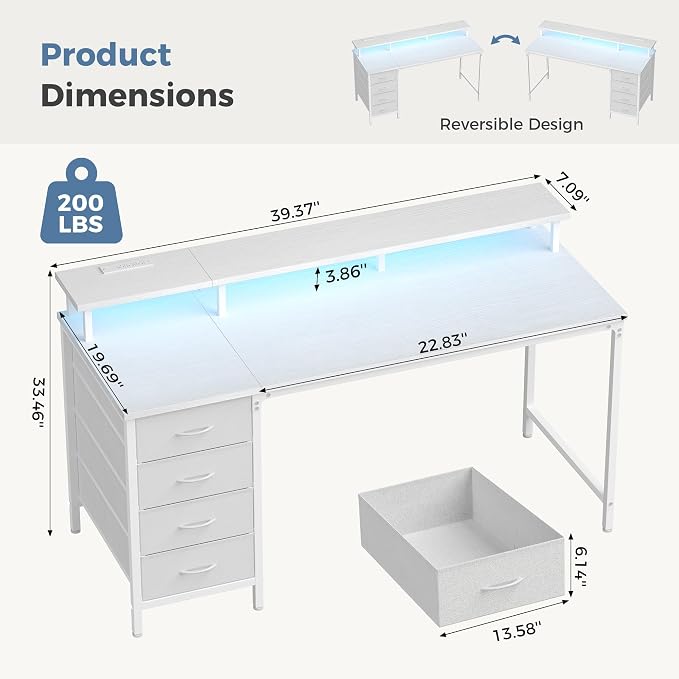DUMOS 40-Inch Gaming Desk with Power Outlets and LED Lights, White | Computer Desk with 4 Storage Drawers, Home Office Desk with Monitor Stand, Small Desk for Bedroom Study - Image 3