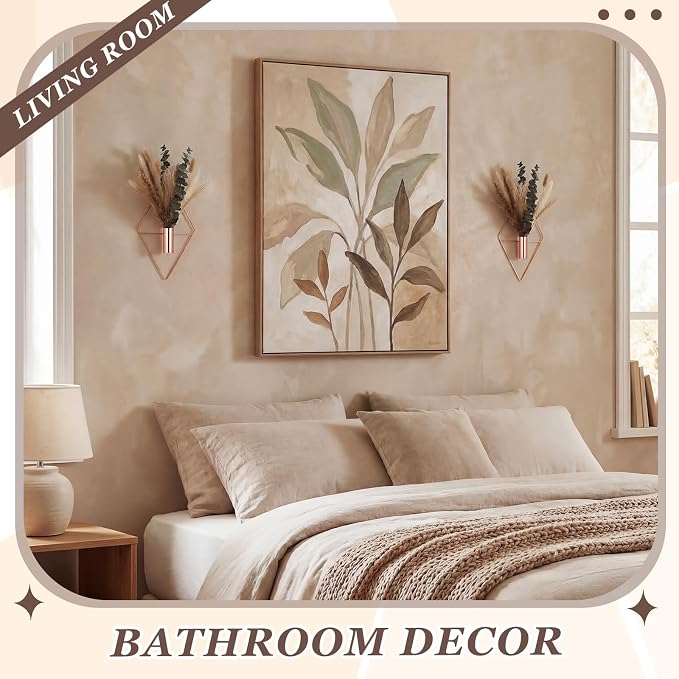 Jexine 4 Pcs Hanging Planters with Artificial Pampas Rose Gold Metal Hanging Vase Indoor Plants Holder Modern Geometric Boho Bathroom Wall Decor for Living Room Home Office - Image 5