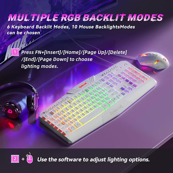 Redragon Updated Programmable Gaming Keyboard and Mouse, RGB Backlit Keyboard Mouse with Software, Independent Macro Record Keys, Value Combo Set, White - S101-3 PRO - Image 3