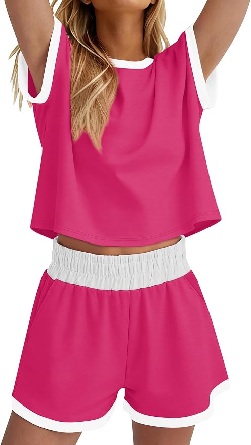 WIHOLL Two Piece Sets for Women Summer Lounge Short Sets Cap Sleeve Crew Neck Sweatsuit with Pocket XS-2XL - Image 4
