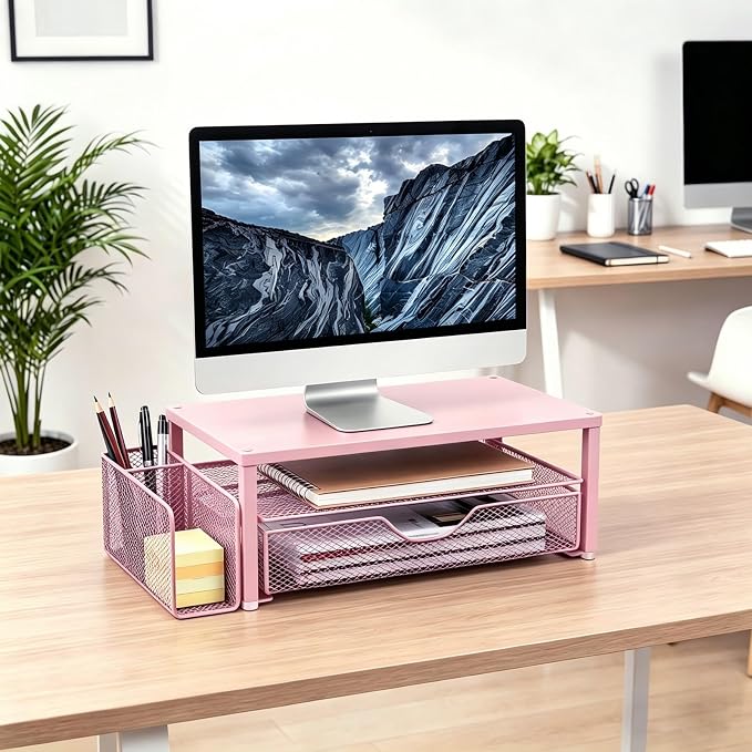Spacrea Desk Organizer and Accessories, Computer Monitor Stand Riser with Drawer and 1 Open Pen Holder, Printer & Laptop Stand, Office Desk Accessories for Home Office Supplies (Pink) - Image 7