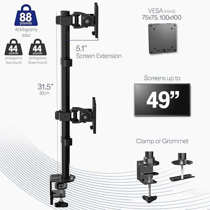 VIVO Dual Vertically Stacked Ultra-Wide Monitor Desk Mount for up to 49 inch Ultrawide Screens, Extra Tall Heavy Duty Adjustable Stand Holds 44 lbs Per Screen, Black, STAND-V202R - Image 3