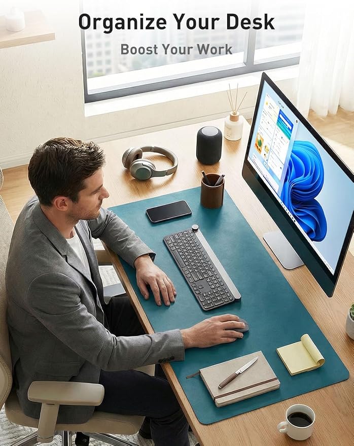 Aothia Faux Leather Desk Mat - Non-Slip PU Leather Desk Blotter, Waterproof Writing Surface, Large Desk Pad for Office & Home (Turquoise, 55" x 24") - Image 3