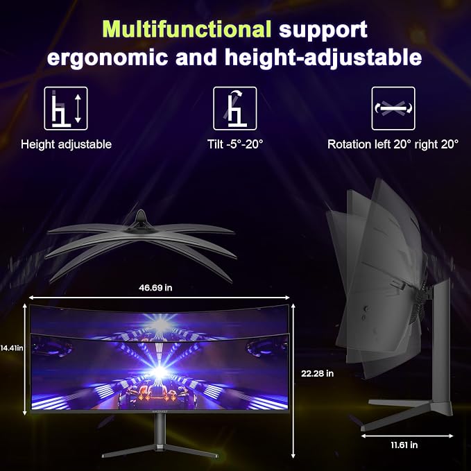 Amzfast 49 Inch Curved Monitor 120Hz DQHD (5120x1440) Ultrawide Gaming Monitor, 120% sRGB, 1500R, 1ms MPRT, HDR, Adaptive Sync, PIP/PBP, Height Adjustable, HDMI 2.0/DP 1.4, VESA 75x75, AMZG49C7U - Image 9