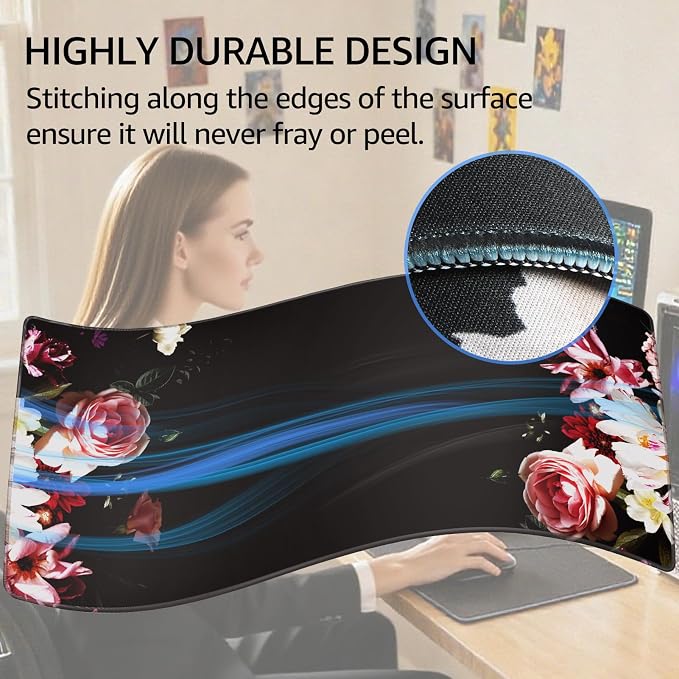 KTRIO Large Gaming Mouse Pad, Desk Mat, 31.5 x 15.7 in Peony Flower, XXL | Smooth Micro-Weave Surface, Artistic Pattern Design, Non-Slip Rubber Base, Durable Stitched Edges, Office & Home Use - Image 3