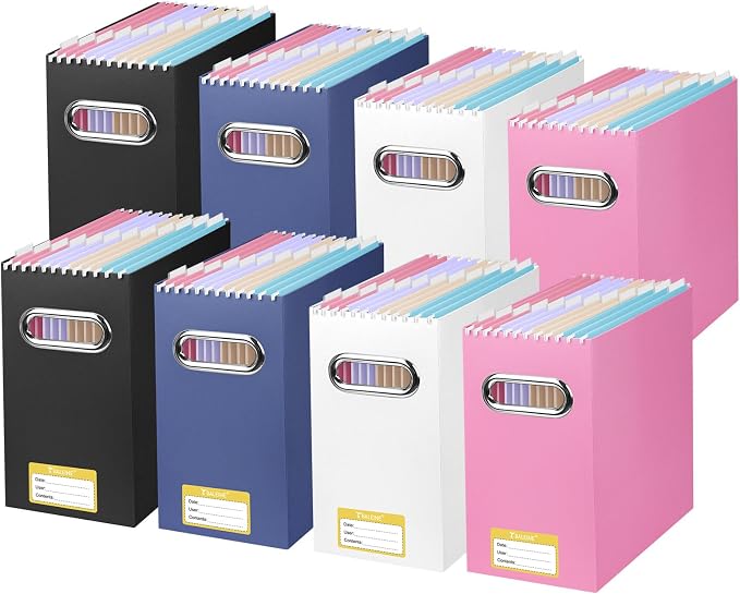 BALEINE File Organizer Box, Cardboard File Folder Organizer with Handle for Letter Size, Portable Collapsible Hanging Filing Box for Home Office Document Storage (8 Pack, Black+Pink+White+Navy) by BALEINE