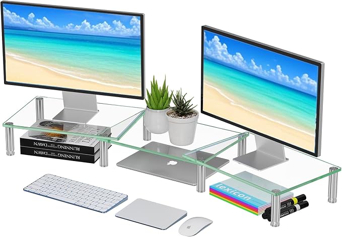 Simple Trending Glass Dual Monitor Stand, Adjustable Length/Height, Clear | 41.5"L x 9.5"W x 5"H, height 3.5"-5", length 28.37"-41.5". Hold 260 lbs. Stainless steel feet. Tempered glass. Easy assembly by SimpleTrending