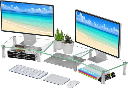 Simple Trending Glass Dual Monitor Stand, Adjustable Length/Height, Clear | 41.5"L x 9.5"W x 5"H, height 3.5"-5", length 28.37"-41.5". Hold 260 lbs. Stainless steel feet. Tempered glass. Easy assembly by SimpleTrending