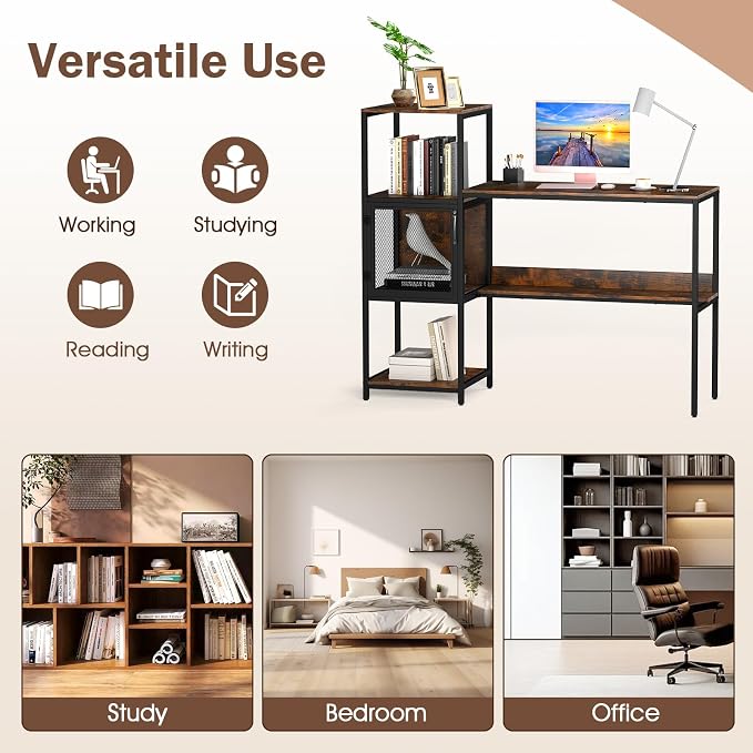 Giantex Computer Desk with Bookshelf, Modern Computer Workstation Home Office Desk with Storage Cabinet & Shelves, Metal Frame, Study Writing Desk for Small Space, Bedroom, Rustic Brown - Image 8