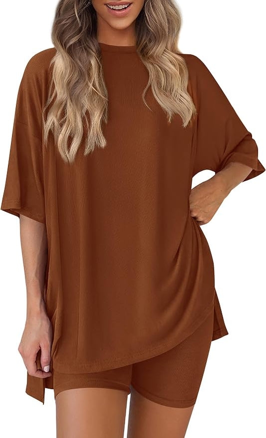 PRETTYGARDEN Women 2 Piece Lounge Set 2026 Summer Casual Oversized Shirts Biker Shorts Matching Airport Travel Outfit Clothes by PRETTYGARDEN
