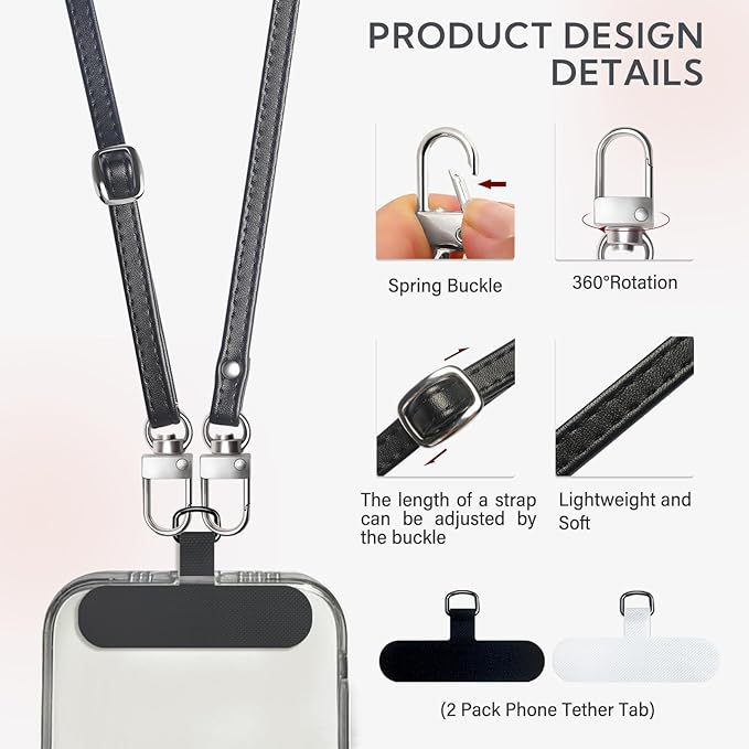 Crossbody Phone Strap with 2 Pads, Leather & Adjustable Finger Strap - Compatible with Most Smartphones (Black) - Image 3